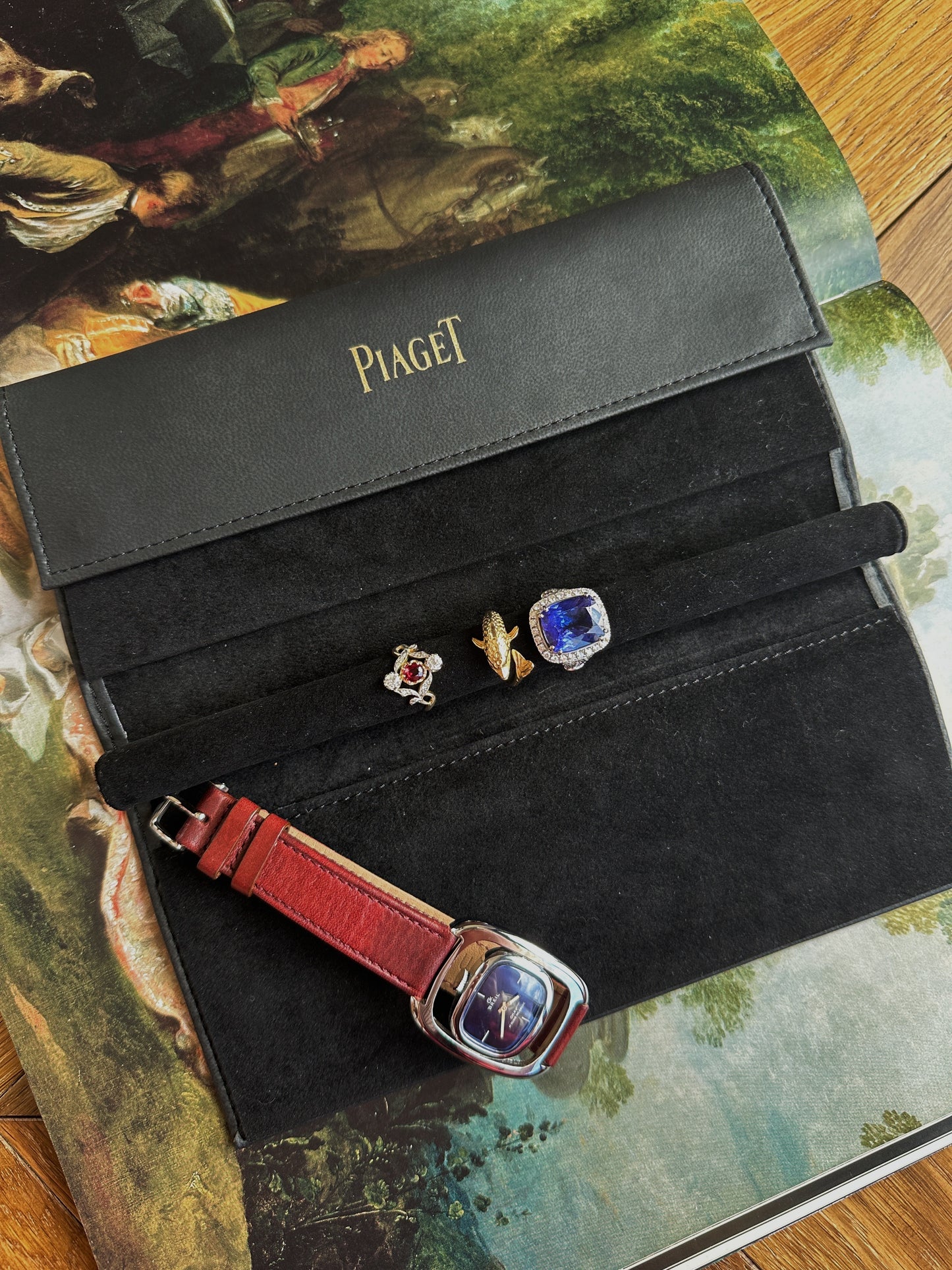 Piaget black leather jewelry case, watch case and watch