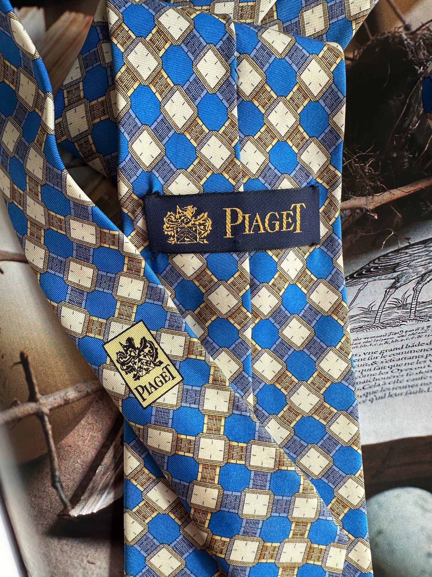 Piaget watch motif tie – Blue and gold silk