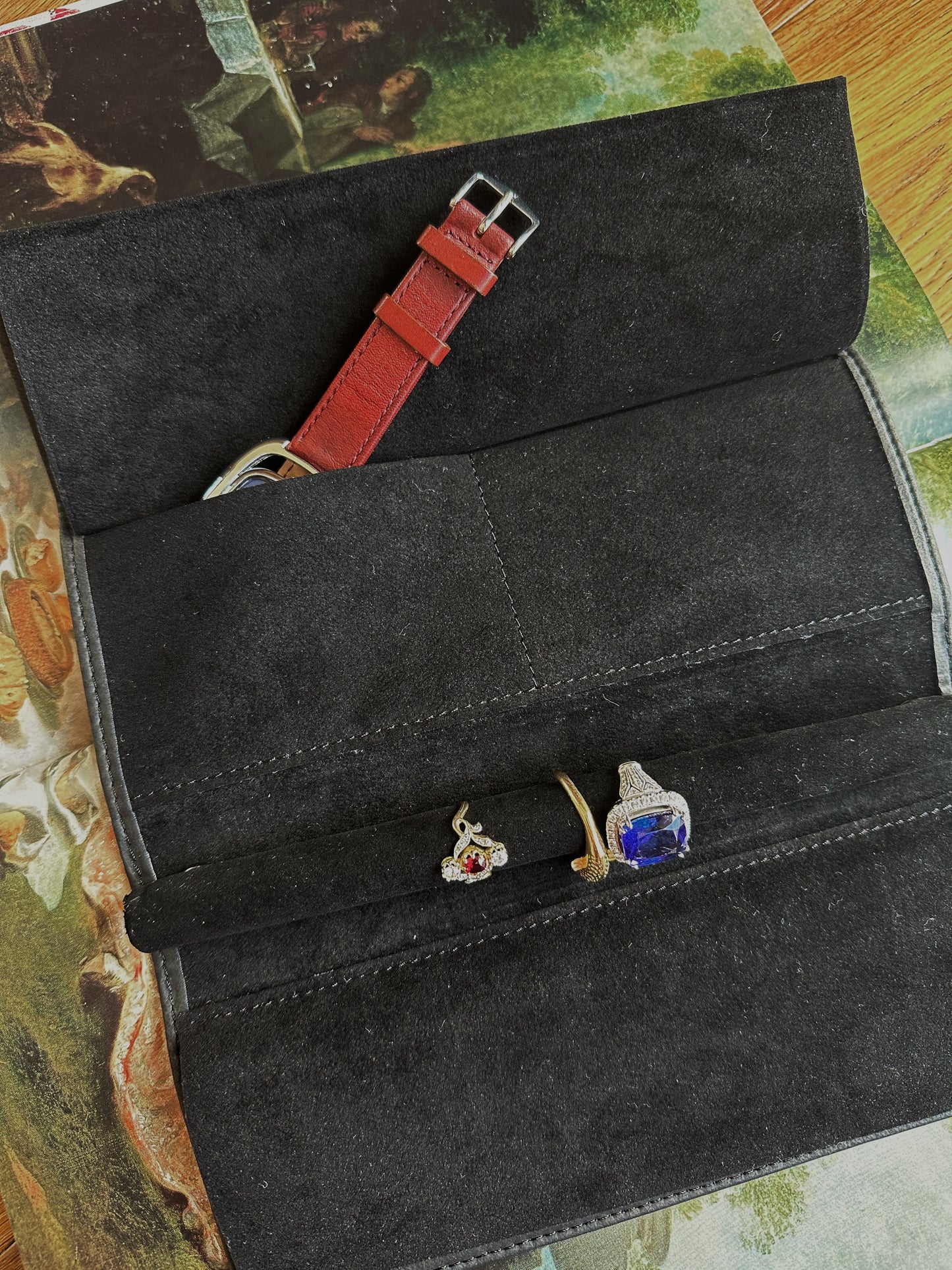 Piaget black leather jewelry case, watch case and watch