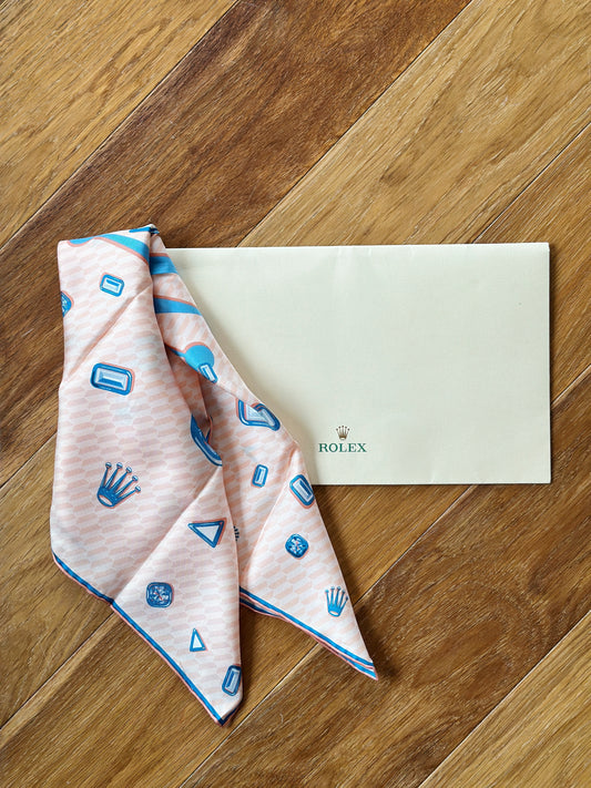 Foulard Gavroche Rolex en soie – Rose saumon & bleu