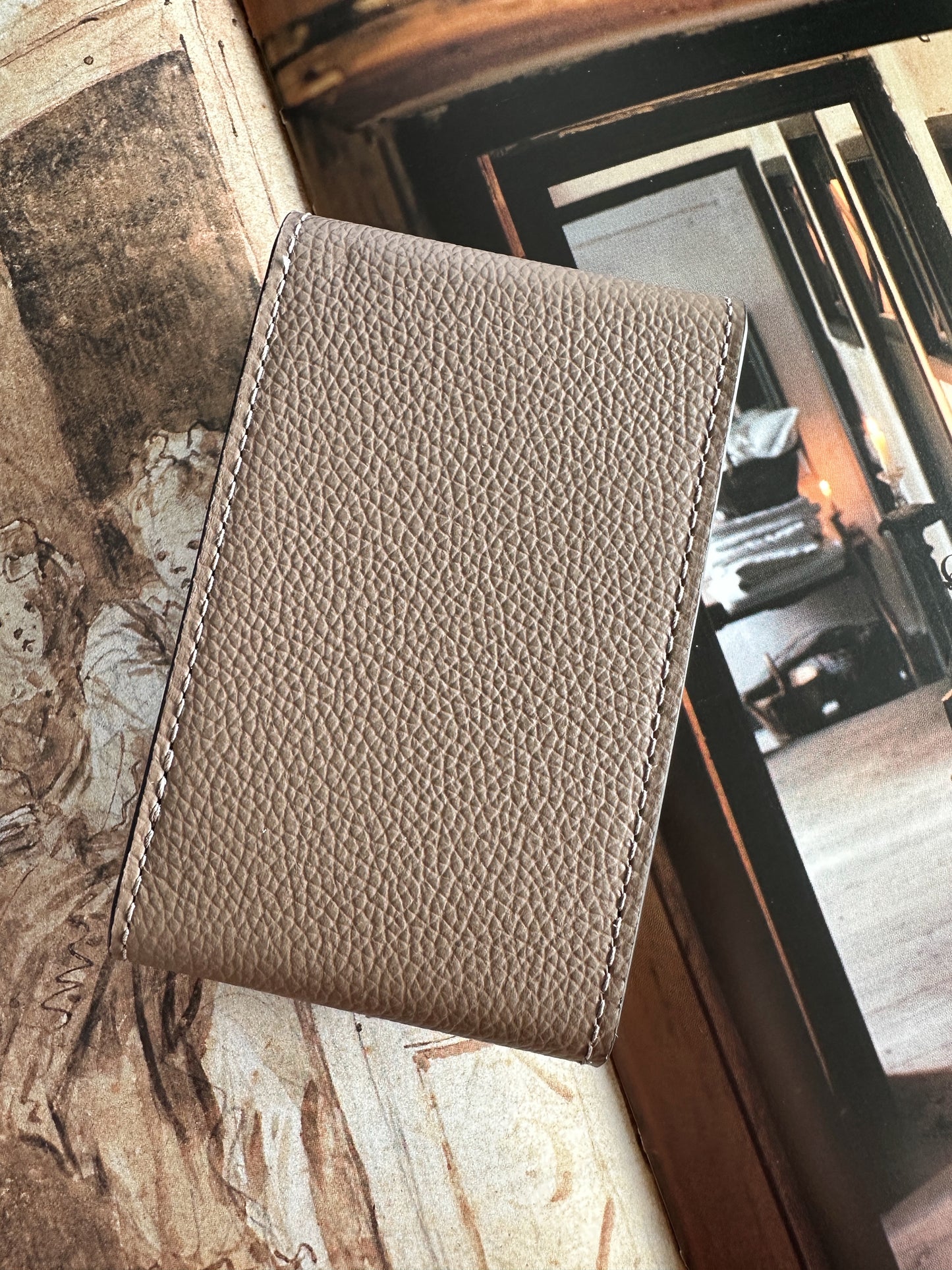 Rolex case, marmot-shaped pouch, in taupe grained leather