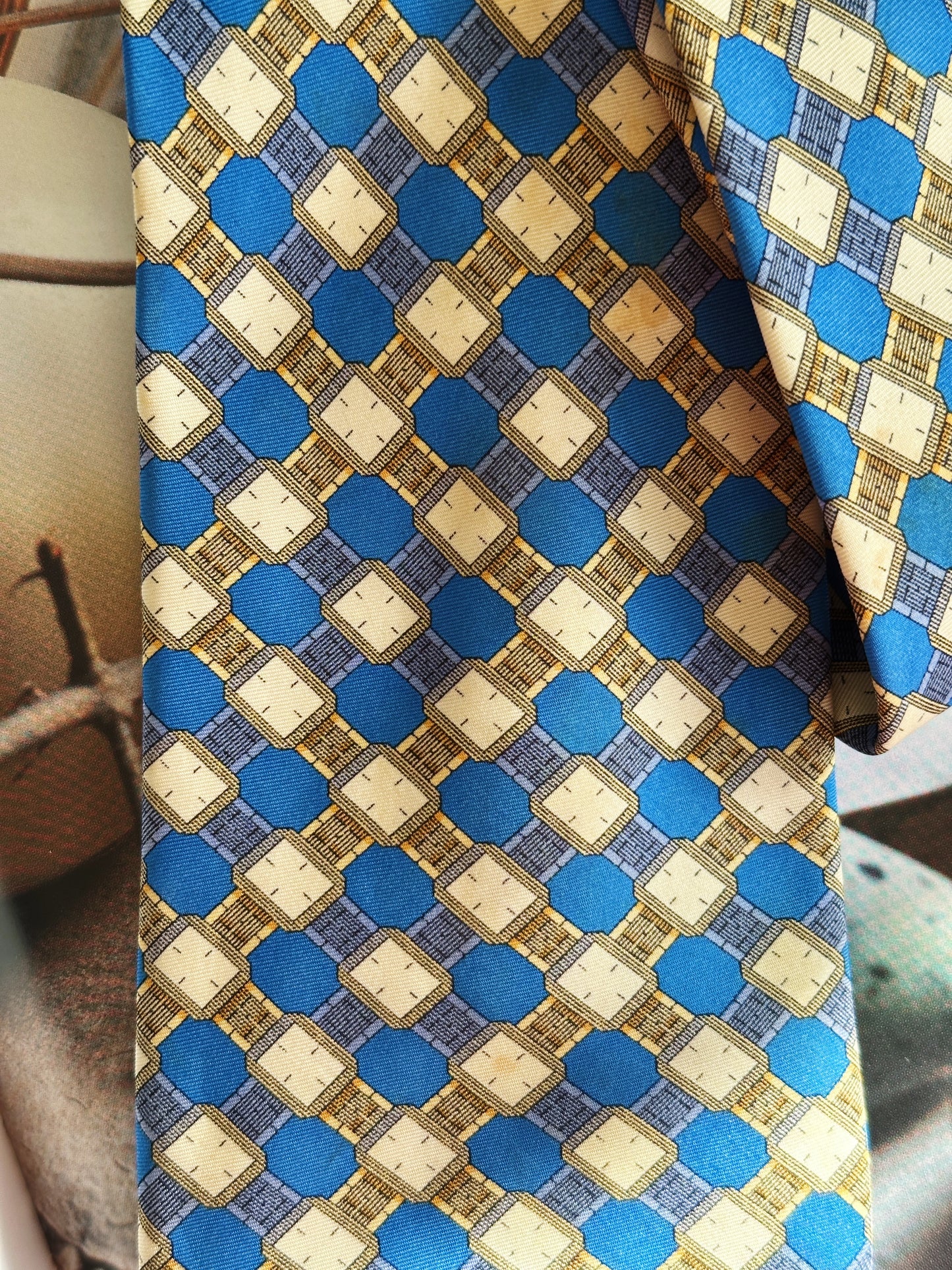 Piaget watch motif tie – Blue and gold silk