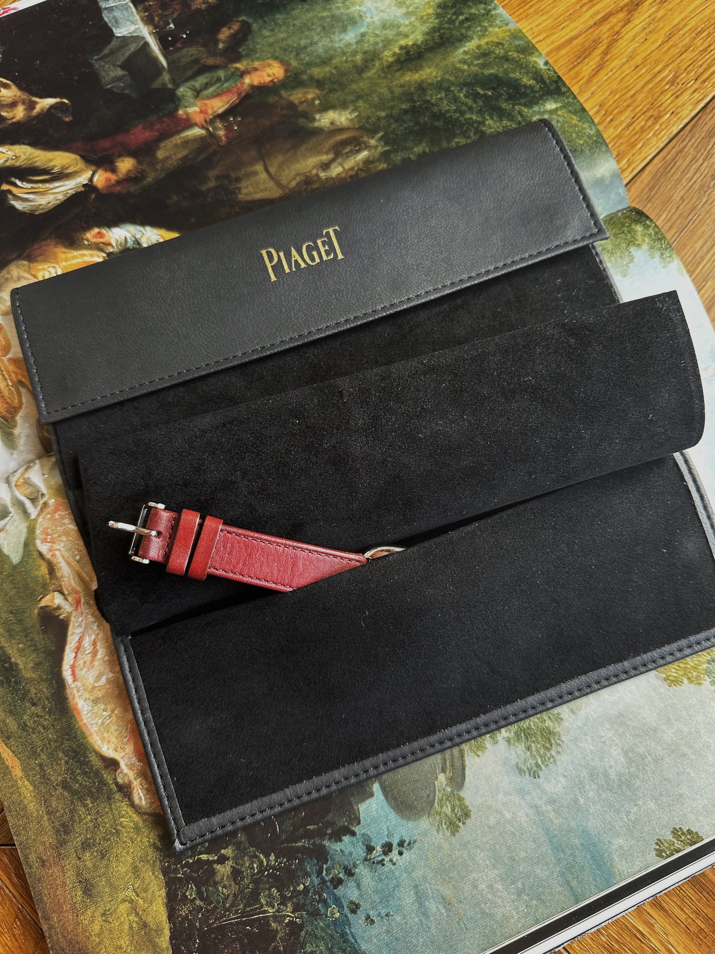 Piaget black leather jewelry case, watch case and watch