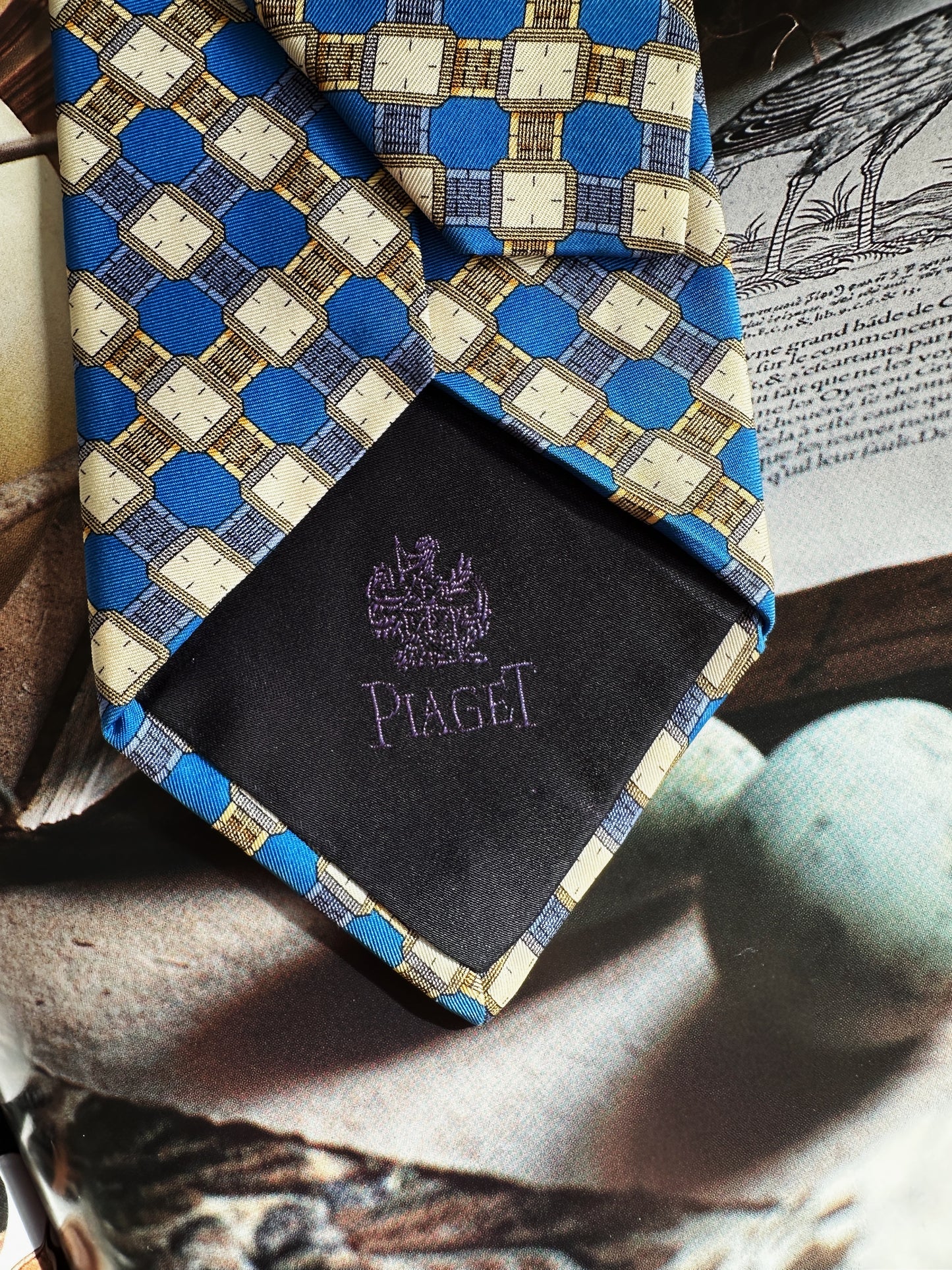 Piaget watch motif tie – Blue and gold silk