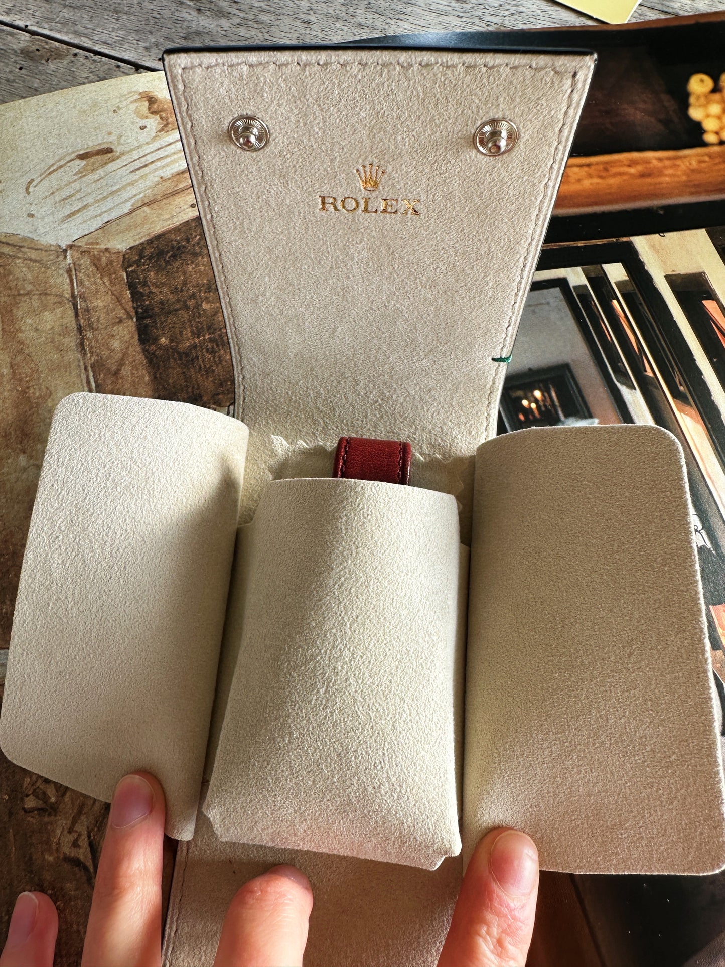 Rolex case, marmot-shaped pouch, in taupe grained leather