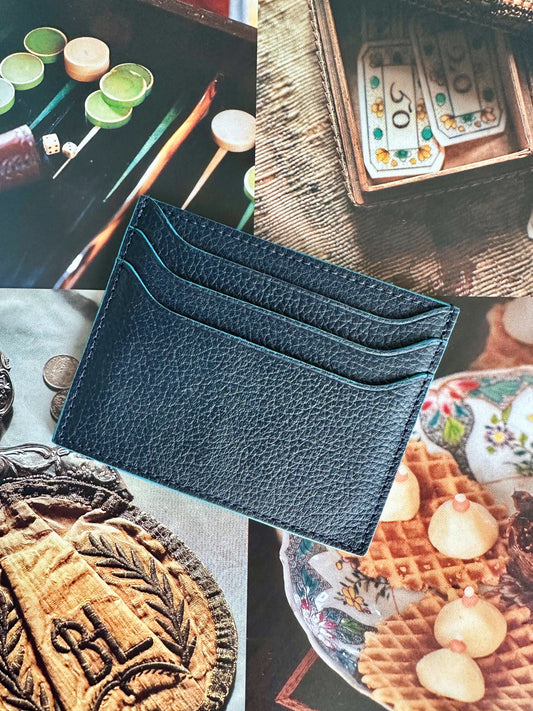 Piaget card holder in blue grained leather – Sky blue trim – 4 slots