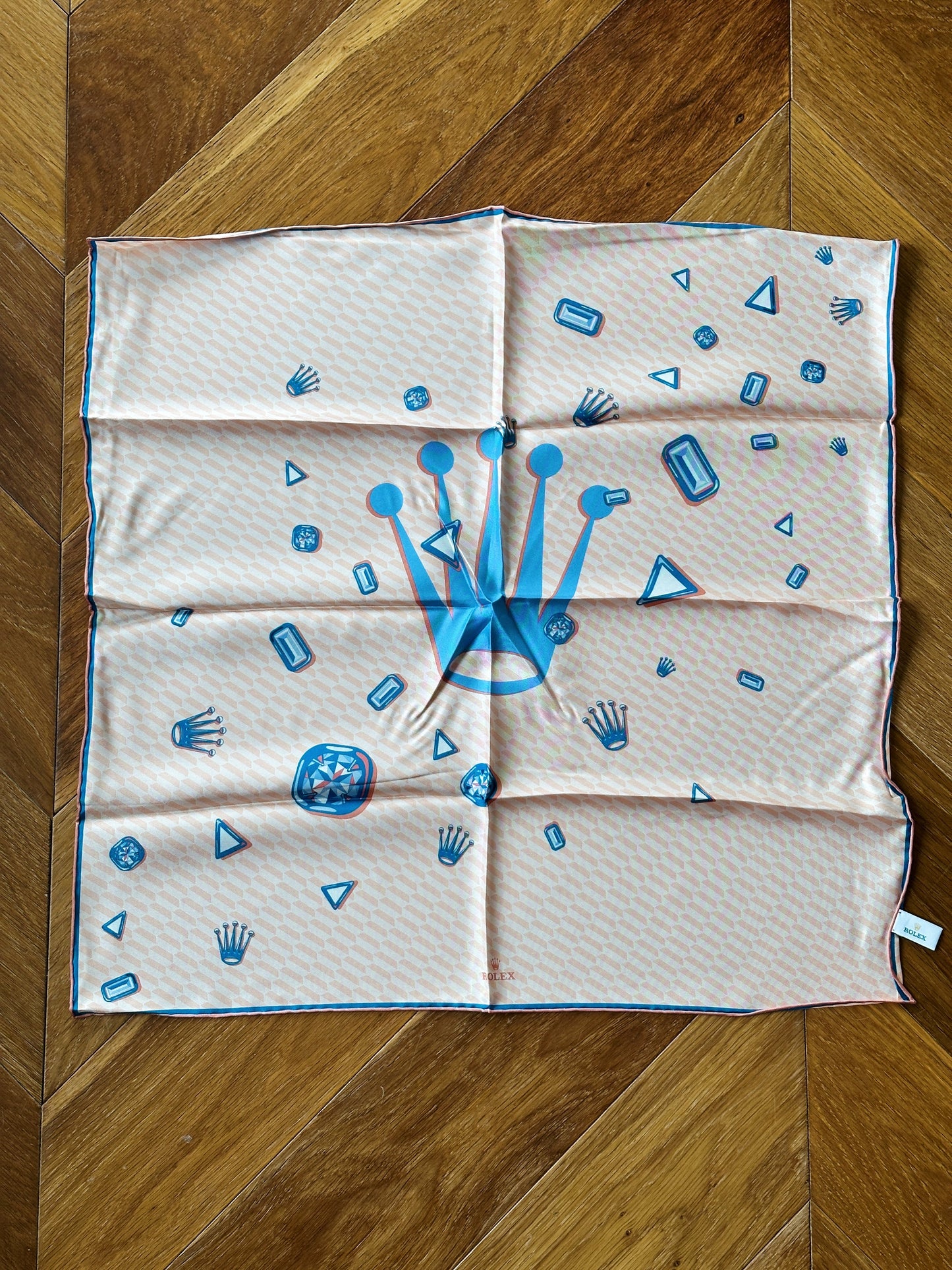 Foulard Gavroche Rolex en soie – Rose saumon & bleu