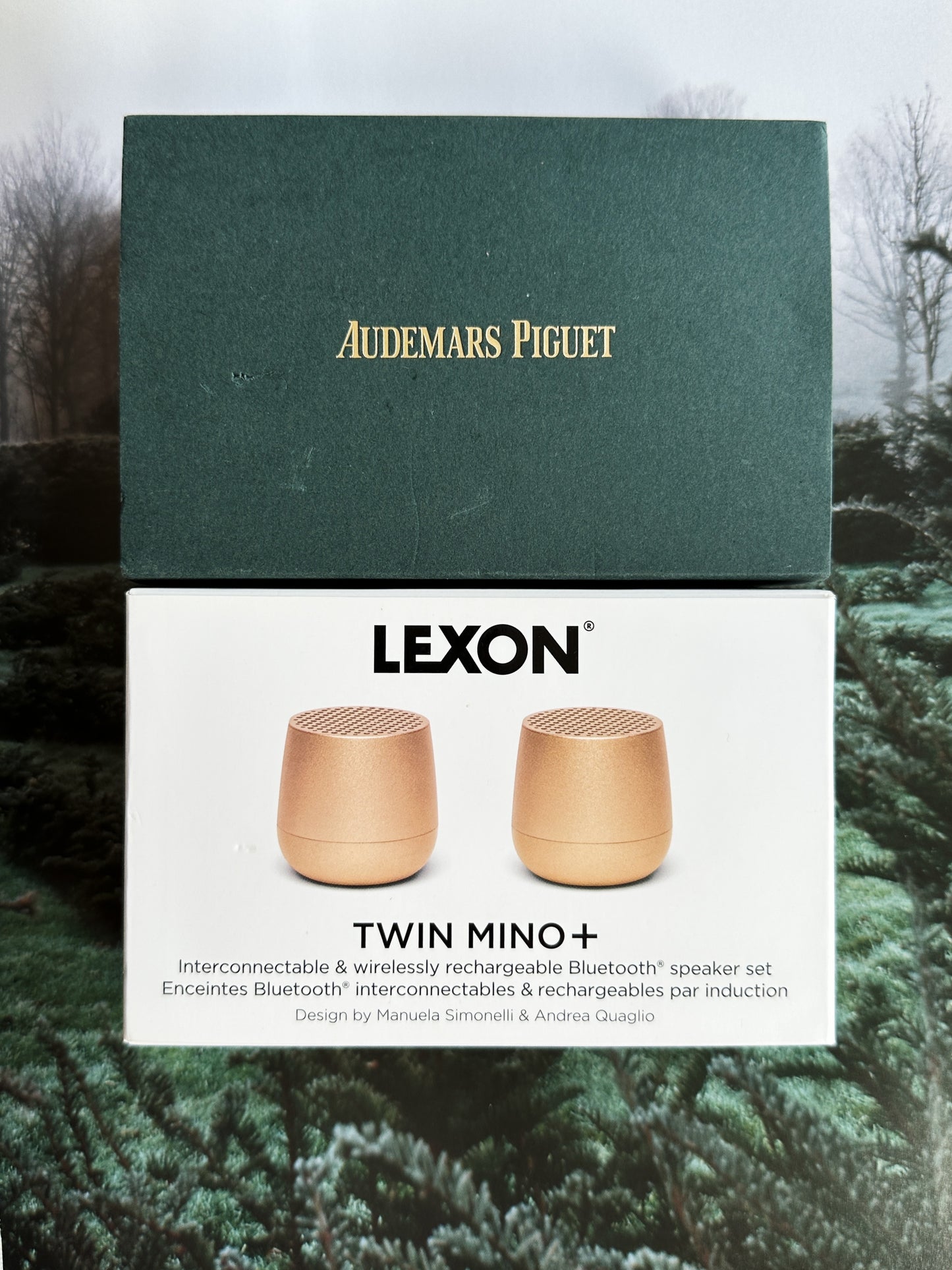 Enceintes Bluetooth Audemars Piguet x Lexon Twin Mino+ doré rose – Neuves avec boîtes