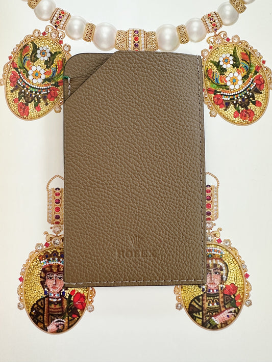 Porte-carte Rolex en cuir grainé taupe
