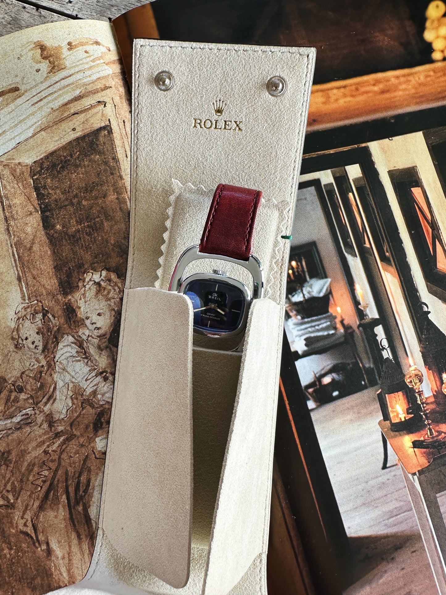 Rolex case, marmot-shaped pouch, in taupe grained leather